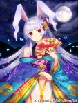  1girl animal_ears detached_sleeves fan folding_fan full_moon hair_ornament head_tilt highres holding japanese_clothes kimono long_hair looking_at_viewer moon navel official_art priget_plus rabbit_ears red_eyes silver_hair solo yusano 