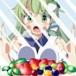  1girl against_glass blurry blush_stickers breast_press cake depth_of_field detached_sleeves drooling food frog_hair_ornament fruit green_eyes green_hair hair_ornament hair_tubes kochiya_sanae long_hair oimonocake open_mouth snake_hair_ornament solo strawberry touhou 