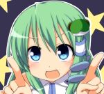  1girl bare_shoulders blouse bust detached_sleeves frog_hair_ornament green_eyes green_hair hair_ornament hair_tubes kochiya_sanae long_hair nitizyo open_mouth pointing pointing_up smile snake_hair_ornament solo star touhou 