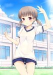  1girl brown_hair clouds girlfriend_(kari) gym_shorts gym_uniform lens_flare looking_at_viewer outdoors rei-en school shigino_mutsumi shorts sky smile solo 