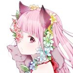  1girl :/ animal_ears cat cat_ears close-up flower flower_on_head fuu_(07199382) looking_at_viewer original pink_eyes pink_hair 