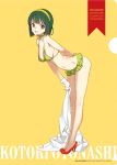  1girl arm_behind_back artist_name bare_legs bikini bikini_skirt brown_eyes character_name choker circle_name copyright_name full_body gloves green_bikini green_hair hairband headset high_heels idolmaster leaning_forward mole navel ooyari_ashito open_mouth otonashi_kotori solo standing swimsuit white_gloves yellow_background 