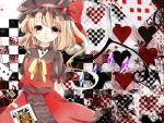  1girl alternate_color blonde_hair card fang_out flandre_scarlet frilled_skirt frills heart heart_background mob_cap playing_card red_eyes short_hair side_ponytail skirt smile suzune_hapinesu touhou wings 