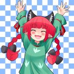  1girl ^_^ animal_ears bow braid cat_ears closed_eyes hair_bow hair_ribbon hands_up happy kaenbyou_rin long_hair oimonocake open_mouth pointy_ears redhead ribbon solo touhou twin_braids twintails 