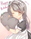  1girl ;) brown_hair happy_birthday long_hair looking_at_viewer love_live!_school_idol_project maid maid_headdress mikage_sekizai minami_kotori one_eye_closed open_mouth smile solo stuffed_toy wonder_zone 