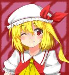  1girl ;) ascot blonde_hair blush bust flandre_scarlet hat head_tilt highres looking_at_viewer mob_cap nagisa_otoha red_eyes side_ponytail smile solo touhou wink 