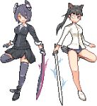  2girls animal_ears black_eyes black_hair black_skirt breasts cardigan crossover dog_ears dog_tail epaulettes eyepatch full_body headgear holding holding_sword holding_weapon kantai_collection katana kuavera large_breasts long_hair lowres military military_uniform multiple_girls pixel_art ponytail purple_hair purple_legwear sakamoto_mio short_hair simple_background skirt smile strike_witches swimsuit swimsuit_under_clothes sword tail tenryuu_(kantai_collection) thigh-highs transparent_background uniform weapon yellow_eyes zettai_ryouiki 