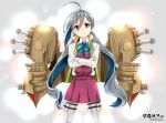  1girl ahoge alternate_weapon black_eyes character_name cowboy_shot crossed_arms grey_hair infinote kantai_collection kiyoshimo_(kantai_collection) long_hair machinery school_uniform smile solo strap twintails twitter_username very_long_hair weapon 