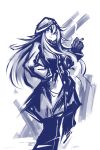  1girl blue_eyes cigarette deel_(rkeg) gloves hammer_and_sickle hand_in_pocket hat hibiki_(kantai_collection) highres kantai_collection long_coat long_hair silver_hair sketch smoking solo spot_color verniy_(kantai_collection) 