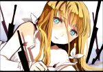  1girl blonde_hair blue_eyes close-up knife long_hair looking_at_viewer lying on_stomach original smile solo sword tan_(tangent) weapon 