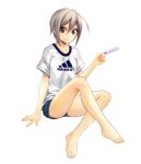  1girl adidas brown_eyes holding looking_at_viewer original popsicle short_hair shorts silver_hair simple_background sitting solo suisen white_background 