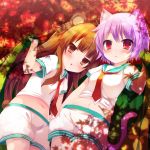  2girls amamine animal_ears bear_ears bear_tail blush brown_eyes brown_hair cat_ears cat_tail cowboy_shot dappled_sunlight kantai_collection kuma_(kantai_collection) long_hair looking_at_viewer midriff multiple_girls navel pink_hair red_eyes school_uniform serafuku short_hair shorts tail tama_(kantai_collection) 