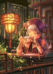  1girl architecture bangs bespin blunt_bangs blurry bowtie bracer chin_rest closed_eyes depth_of_field detached_sleeves east_asian_architecture feathers hat headrest inkwell lampion long_hair original quill silver_hair solo tassel 