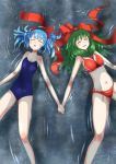  2girls 3692materia bare_shoulders bikini bikini_bottom bikini_top blue_hair blush blush_stickers bow closed_eyes collarbone competition_school_swimsuit flat_chest front_ponytail hair_bobbles hair_bow hair_ornament hair_ribbon hands_together highres kagiyama_hina kawashiro_nitori long_hair lying multiple_girls no_hat on_back one-piece_swimsuit open_mouth partially_submerged red_bikini ribbon school_swimsuit short_hair short_twintails side-tie_bikini swimsuit touhou twintails water wet wet_clothes 