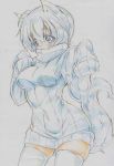  1girl absurdres animal_ears blue_eyes breasts colored_pencil_(medium) highres inubashiri_momiji kitazinger ribbed_sweater short_hair sleeves_past_wrists solo sweater tail thigh-highs touhou traditional_media white_hair white_legwear wolf_ears wolf_tail zettai_ryouiki 