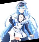  1girl akame_ga_kill! blue_eyes blue_hair boots breasts choker cleavage cowboy_shot esdeath hat large_breasts long_hair military military_uniform peaked_cap ripe.c smile solo thigh-highs thigh_boots uniform very_long_hair 