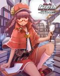  1girl book braid brown_hair capelet copyright_request elrowa glasses hat holding long_hair looking_at_viewer magnifying_glass official_art original paper pen red_eyes sitting solo twin_braids 