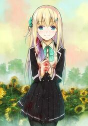  1girl black_legwear blonde_hair blood blue_eyes flower hair_ornament hairpin heart heart-shaped_pupils highres jugatsu_junichi knife long_hair original pantyhose rain smile solo sunflower symbol-shaped_pupils uniform yandere 