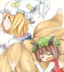 2girls ^_^ animal_ears baron_(x5qgeh) blonde_hair blush_stickers brown_hair cat_ears cat_tail chen closed_eyes fox_tail heart hug hug_from_behind multiple_girls multiple_tails open_mouth short_hair smile tail touhou yakumo_ran yellow_eyes 