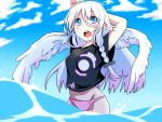  1girl bikini_bottom blue_eyes feathered_wings fuu_(07199382) highres ia_(vocaloid) in_water long_hair looking_at_viewer mound_of_venus open_mouth solo t-shirt vocaloid white_hair white_wings wings 