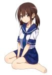 1girl bare_legs barefoot brown_eyes brown_hair looking_at_viewer open_mouth original pleated_skirt school_uniform serafuku simple_background sitting skirt solo suisen twintails v_arms wariza white_background 