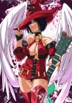  1girl bare_shoulders black_hair boots breasts choker cleavage fingerless_gloves gloves green_eyes guilty_gear guitar hair_over_one_eye hat highres i-no instrument large_breasts looking_at_viewer middle_finger o-ring_top panimiiru red_legwear short_hair slit_pupils solo thigh-highs thigh_boots thighs wings witch_hat 