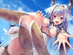  1girl :d bird blue_hair blush breasts brown_legwear clouds fukai_ryousuke knees_together_feet_apart long_hair looking_at_viewer open_mouth outstretched_hand sengoku_bushouki_muramasa sitting sky smile solo under_boob violet_eyes 