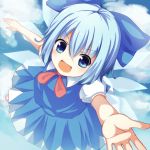  1girl :d baron_(x5qgeh) blue_eyes blue_hair bow cirno hair_bow hair_ribbon looking_at_viewer open_mouth outstretched_arms reaching ribbon short_hair sky smile solo spread_arms touhou wings 