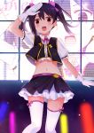  1girl :d arm_up black_hair blush bow copyright_name crop_top earrings gloves glowstick hair_bow jewelry love_live!_school_idol_project midriff mmrailgun no_brand_girls open_mouth short_hair skirt smile solo standing thigh-highs twintails white_gloves white_legwear yazawa_nico zoom_layer 
