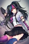  1girl alternate_hairstyle black_hair blue_hair dangan_ronpa earrings guitar instrument jewelry mioda_ibuki multicolored_hair pink_hair red_eyes skirt stitches super_dangan_ronpa_2 thighhighs torn_clothes torn_thighhighs twintails z-epto_(chat-noir86) 