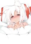  1girl animal_ears blanket blush collarbone digital_thermometer half-closed_eyes hot_water_bottle inubashiri_momiji red_eyes sick silver_hair solo sweat tera_zip touhou under_covers wolf_ears 