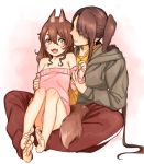  2girls animal_ears ashigara_(kantai_collection) barefoot brown_eyes brown_hair closed_eyes fangs ikarin kantai_collection kemonomimi_mode long_hair multiple_girls nachi_(kantai_collection) off_shoulder open_mouth side_ponytail sitting sitting_on_lap sitting_on_person smile tail wolf_ears wolf_tail younger 