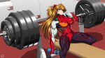  1girl artist_name bodysuit bottle breasts dated eyepatch glaring highres long_hair muscle neon_genesis_evangelion orange_hair plugsuit pout rebuild_of_evangelion ren_(tainca2000) shikinami_asuka_langley souryuu_asuka_langley water_bottle weights 