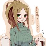  1girl alternate_costume azure_striker_gunvolt breasts brown_hair coffee cup glasses green_eyes large_breasts long_hair looking_at_viewer monica_(gunvolt) mug muramasa-sushi ponytail ribbed_sweater simple_background smile spilling sweater translation_request turtleneck turtleneck_sweater 