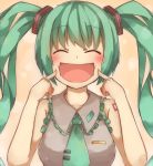 1girl ^_^ baron_(x5qgeh) blush bust closed_eyes fingers_to_cheeks green_hair hair_ornament hatsune_miku long_hair necktie open_mouth smile solo twintails vocaloid 