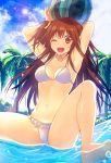  1girl ;d ball beachball bikini brown_eyes brown_hair lifting long_hair looking_at_viewer navel one_eye_closed open_mouth original side_ponytail smile solo suisen swimsuit 