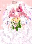  1girl :d alternate_costume blonde_hair bouquet crown dress flandre_scarlet flower holding looking_at_viewer open_mouth red_eyes rika-tan_(rikatantan) side_ponytail smile solo touhou veil wedding_dress white_dress wings 