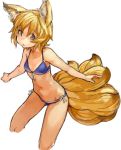  1girl animal_ears bare_shoulders bikini blonde_hair blue_bikini blue_eyes cropped_legs fox_ears fox_tail front-tie_top leaning_forward multiple_tails navel sachito short_hair side-tie_bikini simple_background small_breasts solo swimsuit tail touhou white_background yakumo_ran younger 