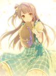  1girl 6u_(eternal_land) bow brown_hair dress hair_bow hat holding holding_hat long_hair looking_at_viewer love_live!_school_idol_project minami_kotori petals plaid plaid_dress side_ponytail solo sun_hat yellow_eyes 