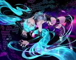  1girl animal_ears arm_up cat_ears claws glowing hatsune_miku long_hair looking_at_viewer lying on_back osamu_(jagabata) smile tail twintails upside-down vocaloid 