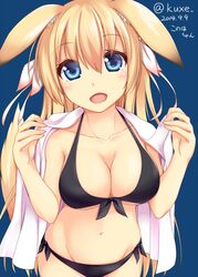  1girl :d animal_ears bikini black_bikini blonde_hair blue_background blue_eyes blush borrowed_character breasts cleavage collarbone dated fox_ears front-tie_bikini front-tie_top hair_ribbon highres konoha_(nozomi_tsubame) kue long_hair looking_at_viewer navel open_mouth original ribbon side-tie_bikini smile solo swimsuit twitter_username 