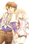  1boy 1girl :d alisha_(tales) belt brown_hair dcba feathers gauntlets green_eyes holding_hands open_mouth shorts side_ponytail smile sorey_(tales) tales_of_(series) tales_of_zestiria 