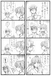  1girl 4koma admiral_(kantai_collection) bbb_(friskuser) check_translation comic cup hat highres japanese_clothes kaga_(kantai_collection) kantai_collection monochrome peaked_cap side_ponytail simple_background sparkle translation_request 