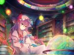  1girl bookshelf bow capelet chair flower hair_ribbon hat hat_bow kazu_(muchuukai) library long_hair long_sleeves mob_cap patchouli_knowledge purple_hair reading red_rose ribbon rose sitting solo touhou tress_ribbon very_long_hair violet_eyes wide_sleeves 