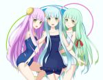  3girls :d aoki_hagane_no_arpeggio arm_hug arpeggio_of_blue_steel blue_hair bow competition_school_swimsuit double_bun double_frill_skirt_swimsuit green_eyes green_hair hair_bow hair_bun hair_ribbon hand_on_another&#039;s_shoulder i-400_(aoki_hagane_no_arpeggio) i-402_(aoki_hagane_no_arpeggio) iona long_hair multiple_girls nontraditional_school_swimsuit one-piece_swimsuit open_mouth pensuke pink_hair ribbon school_swimsuit smile swimsuit white_school_swimsuit white_swimsuit 