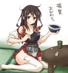  &gt;:q 1girl :q akagi_(kantai_collection) armor bandage_on_face bowl brown_eyes brown_hair chopsticks cup food food_on_face japanese_clothes jiino kantai_collection long_hair looking_at_viewer messy_hair muneate rice_on_face sitting solo table takuan tatami teacup thigh-highs tongue tongue_out torn_clothes torn_thighhighs translated 