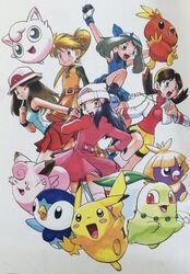  5girls blue_(pokemon) chikorita clefairy crystal_(pokemon) hat jigglypuff multiple_girls odamaki_sapphire official_art pikachu piplup platinum_berlitz pokemon pokemon_(creature) pokemon_special smoochum tagme torchic white_background yamamoto_satoshi yellow_(pokemon) 