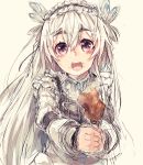  1girl :d bust butterfly_hair_ornament chaika_trabant chicken_leg eyebrows face hair_ornament hairband highres hitsugi_no_chaika long_hair looking_at_viewer open_mouth shiratan silver_hair sketch smile solo violet_eyes 