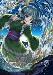  1girl blue_eyes blue_hair blue_sky clouds fish head_fins japanese_clothes kimono long_sleeves mermaid monster_girl obi open_mouth sash sky smile socha solo touhou wakasagihime water wide_sleeves 