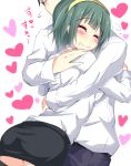  1boy 1girl ass blush closed_eyes couple glasses green_hair hairband heart hetero highres hug idolmaster mole natsu_(anta_tte_hitoha) otonashi_kotori producer_(idolmaster) short_hair thigh-highs 